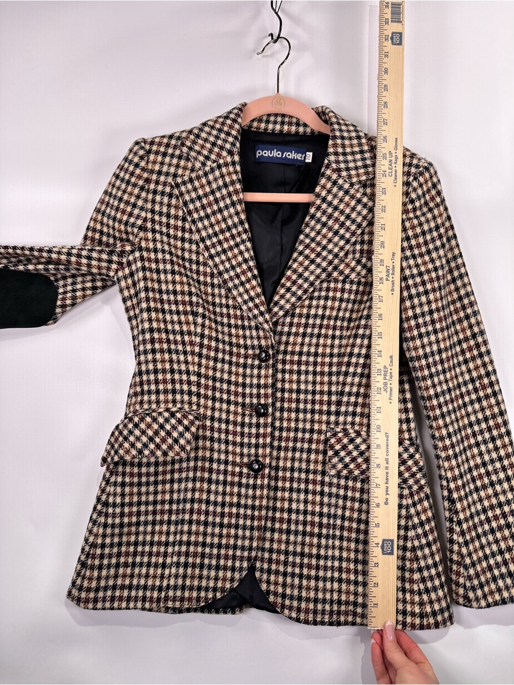 Paula Saker Vintage Blazer Suede Patches Houndstooth Tan Size 10 - Picture 11 of 13